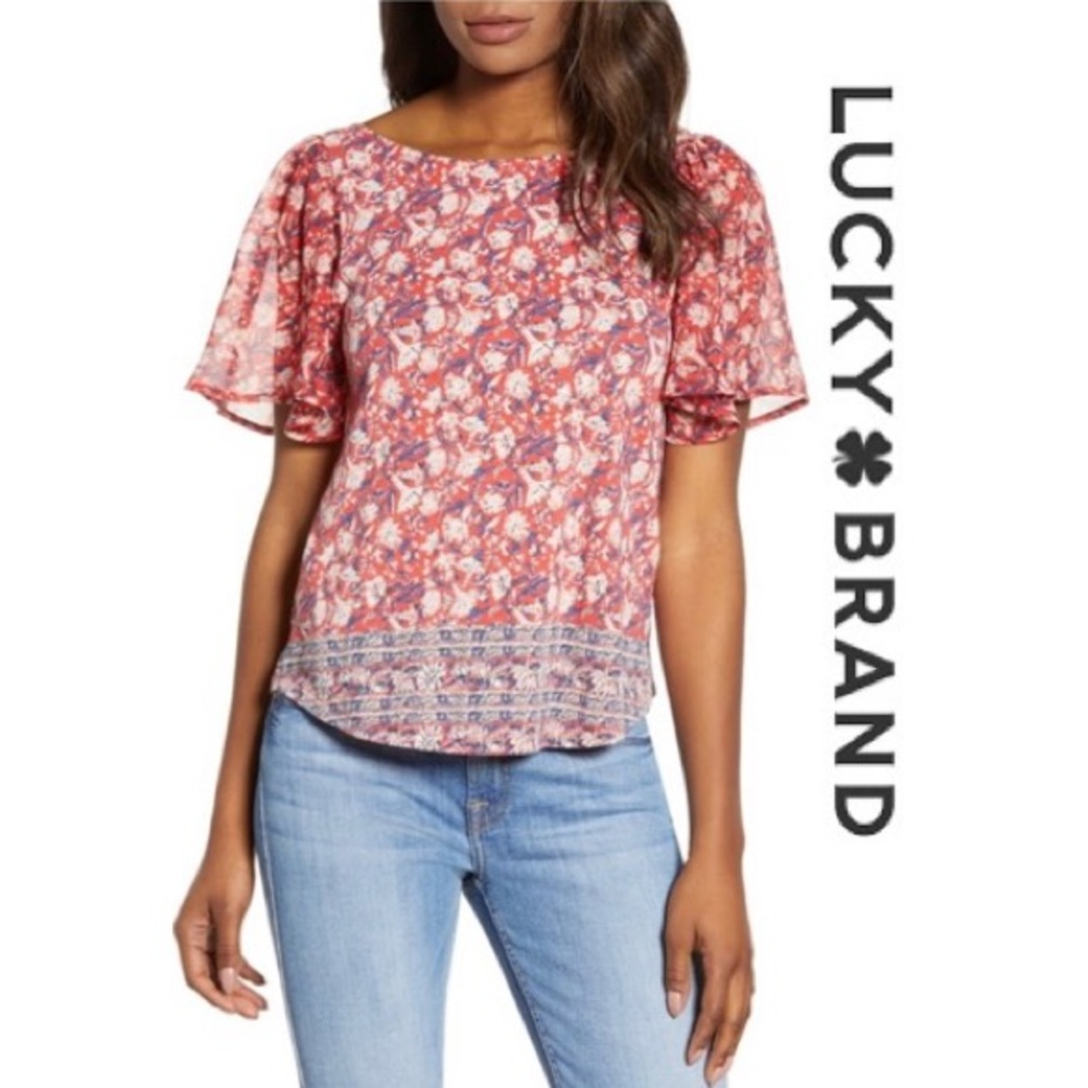 Lucky Brand Open Back Pullover Blouse Flutter Sleeve Size Small Floral